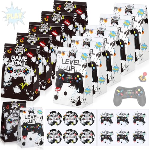 Geosar 30 Pack Video Game Party Favor Paper Bags Game on Goodie Candy Gift Bags with 30 Stickers Level up Reusable Goodie Treat Snacks Supplies for Boys Kids Gaming Birthday Party(White, Black) - color: White, Black
