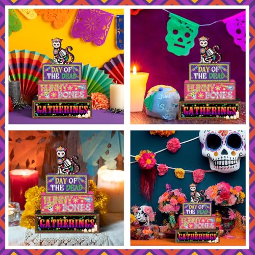 Britimes 4 Pcs Day of the Dead Table Decor Halloween Cat Tiered Tray Decorations Set Funny Bones Stack Block Signs Gift Rustic Farmhouse Tabletop Decor for Table & Home Office - style: Day of The Dead
