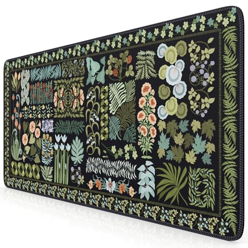 iCasso Floral Desk Pad Mat, Large Mouse Pad, Desk Matt for Desktop, Anti-Slip XXL Big Mousepad with Stitched Edges for Computer Keyboard (Black) - color: Black