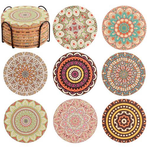 Cork Coasters Set of 8, Round Coasters for Drinks with Holder, Boho Colorful Coaster for Apartment Home Office Bar Coffee Table Decor, Birthday Gift for Mom (Mandala 9) - color: Mandala Coasters9