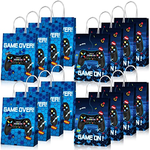 Clabby 16 Pieces Gamer Bags, Video Game Party Favor Goodie Candy Treat Gift Bags with Handle for Kids Boys Gaming Birthday Party Supplies Decorations - color: Blue