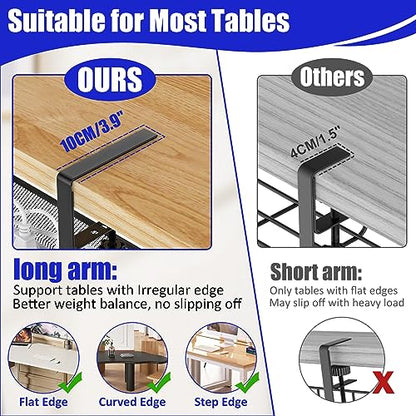 REFLYING Under Desk Cable Management Tray, Metal Long Arms (3.9in), No Drill Mesh Cable Tray, Wire Organizer, 1 Pack, Black