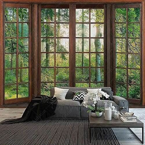Aidatain Green Forest Natural Tapestry Window Scenery Wall Aesthetic Tapestry for Bedroom Flannel 80" L X 60" W Beach Blanket Living Dinning Room College Dorm Wall Hanging GTDJAT0052 - size: 80"L x 60"W