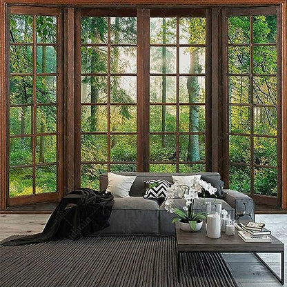 Aidatain Green Forest Natural Tapestry Window Scenery Wall Aesthetic Tapestry for Bedroom Flannel 80" L X 60" W Beach Blanket Living Dinning Room College Dorm Wall Hanging GTDJAT0052 - size: 80"L x 60"W