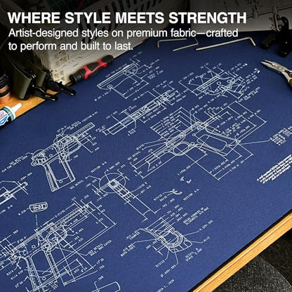 MPCO. Blueprints Large Gaming Desk Pad - 36" x 17" Duraglyde Fabric Browning 1911 – Blue Desk Mats - Non-Slip, Washable, Smooth Glide for Precision Gaming & Work - color: Duraglyde Browning 1911 – Blue