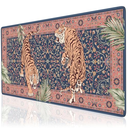 Tiger Desk Matt for Desktop, Floral Gaming Cute Desk Mat, Non Slip Keyboard and Mouse Pad, Stitched Edges Large Desk Pad, Desk Mat for Home Office 35.4 x 15.7 Inches (Pink) - color: Multi/Pink