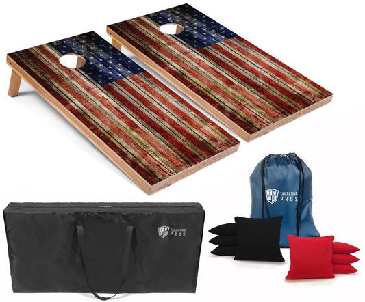 Tailgating Pros American Flag Wooden Plank Design Cornhole Board Set w/Bean Bags and Carrying Case - 4'x2' Corn Hole Toss Game - color: Black / Red
