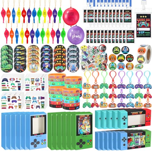 243 Pcs Video Game Party Favors for 24 Kids Gamer Goodie Bag Stuffers for Boys Gaming Birthday Party Supplies with Gift Boxes, VIP Pass, Balloons, Bracelets, Keychains, Badges, 3D Stickers - color: Colorful