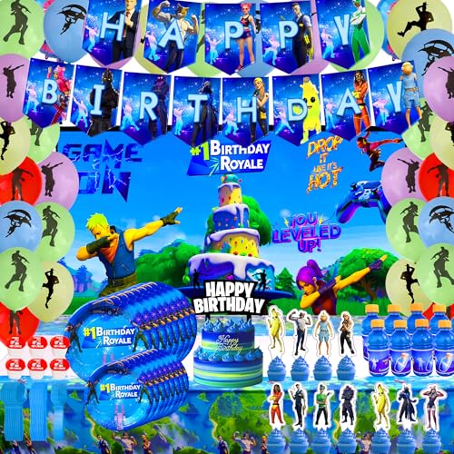 Gaming Party Supplies Birthday Decoration Set 142 Pack - Balloons, Toppers, Bottle Stickers Labels, Wall Poster, Banner Video Game Themed And Much More