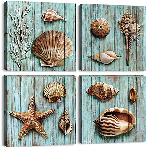 Seashell Wall Art Nautical Bathroom Decor Vintage Coastal Wall Decor Rustic Beach Theme Pictures Teal Blue Ocean Starfish Canvas Paintings Posters Beachy Artwork Kitchen Home Decorations 12x12" 4 Pcs - color: Seashell, size: 12x12in