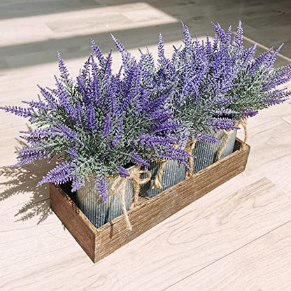 Set of 3 Small Potted Plants Arrangement Artificial Lavender Flower Plants in Rustic Galvanized Metal Pots with Decorative Wood Tray for Farmhouse Table Centerpiece Windowsill Country Indoor Decor