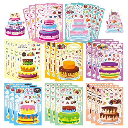 DUJAA 24 Sheets Birthday Stickers, Make-a-Cake Sticker for Kids, Birthday Cake Sticker Set, Color, Cartoon Style, Paper Material, Indoor Use, Kids' Party Gift, Scrapbook Decor, 24 Count - style: Birthday Cake