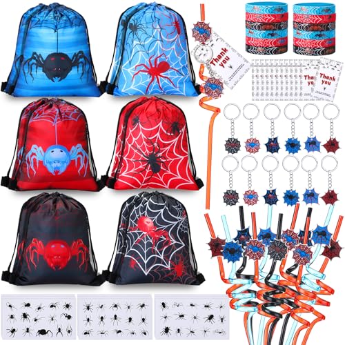 LemonRoad 73 Pcs Spider Party Favors Set Birthday Supplies Includes Drawstring Bags Backpack Keychains Bracelets Stickers Straws Tags for Birthday Party Favors Rewards Gifts - style: Spider