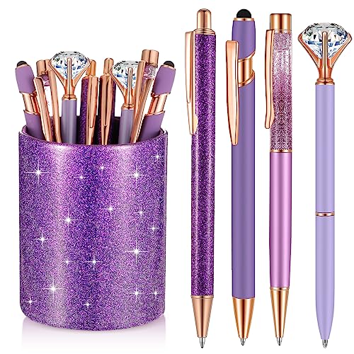 Sabary 8 Pcs Purple Pens with Pen Holder for Desk Glitter Crystal Diamond Cute Ballpoint Fancy Pencil Holder Bling Desk Organizer for Women Girls School Office Supplies Wedding Graduation Gifts - color: Purple