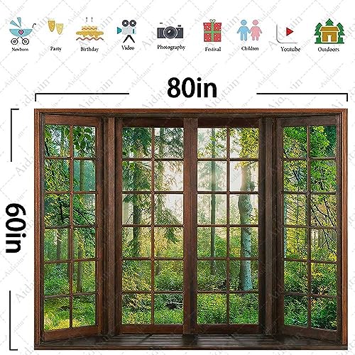 Aidatain Green Forest Natural Tapestry Window Scenery Wall Aesthetic Tapestry for Bedroom Flannel 80" L X 60" W Beach Blanket Living Dinning Room College Dorm Wall Hanging GTDJAT0052 - size: 80"L x 60"W