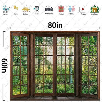 Aidatain Green Forest Natural Tapestry Window Scenery Wall Aesthetic Tapestry for Bedroom Flannel 80" L X 60" W Beach Blanket Living Dinning Room College Dorm Wall Hanging GTDJAT0052 - size: 80"L x 60"W