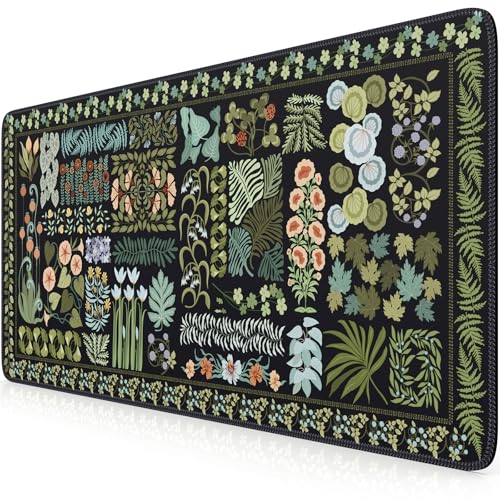 HAOCOO Black XXL Mouse Pad, Floral Desk Mat for Keyboard and Mouse, Vintage Keyboard Mat with Non-Slip Rubber Base, Water-Resistant Desk Pad Mat with Stitched Edges for Office - color: Black2