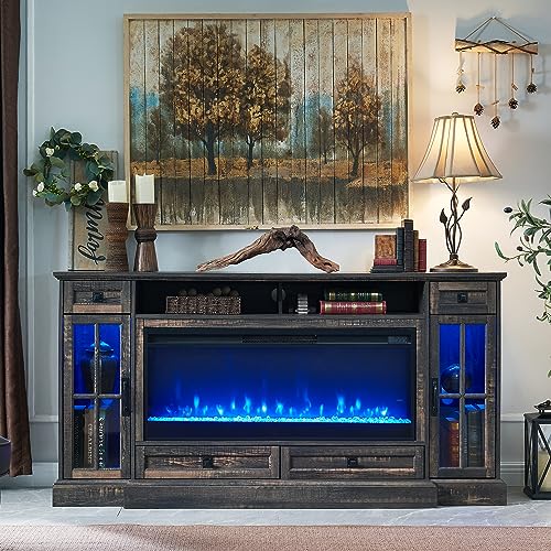 RedLemon Farmhouse Fireplace TV Stand for 80 Inch TV, 36" Tall Entertainment Center with 42" Crystal Eletric Fireplace, Modern Media Console Table with LED Lights for Living Room, Dark Rustic Oak - color: Dark Rustic Oak