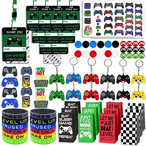 Bluegogo 146 Pcs Video Game Party Favors: VIP Passes Keychains Tattoo Stickers Shoe Charms Button Caps Bags for Gaming Party Favors - style: Game Favors