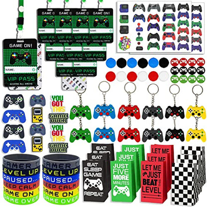 Bluegogo 146 Pcs Video Game Party Favors: VIP Passes Keychains Tattoo Stickers Shoe Charms Button Caps Bags for Gaming Party Favors - style: Game Favors