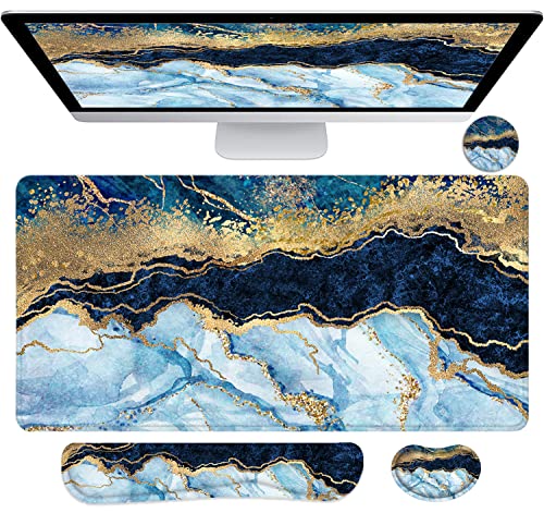 LATEEFAH Large Mouse Pad and Keyboard Wrist Rest, Desk Pad for Keyboard and Mouse, Extended Gaming Mouse Pad with Wrist Support, Waterproof Non-Slip Desk Mouse Mat for Office, Home - color: 4Pcs-Blue & White Marble