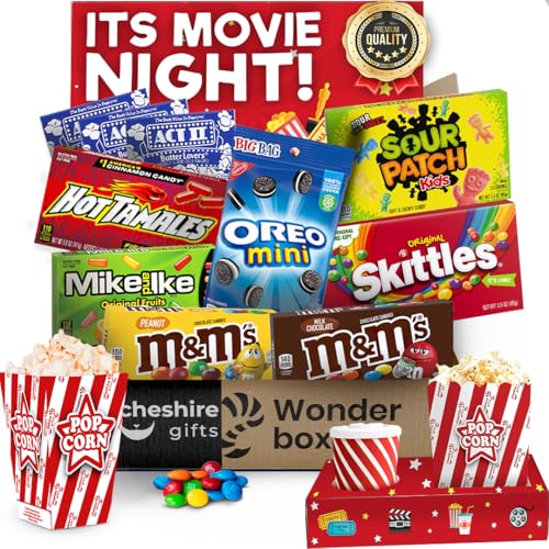 Movie Night Basket Gift Set – with Candy Variety Pack, Movie Trays, Movie Snacks & Popcorn Set – Gift Baskets For Families by Cheshire Gifts