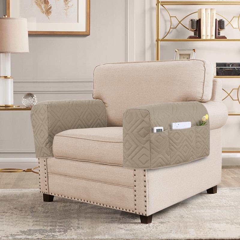 H.VERSAILTEX Armrest Covers for Sofa Water Resistant Couch Arm Covers Remote Control Holder Sofa Armrest Organizer for Magazine, Tablet, Phone, iPad(Set of 2, Khaki/Beige) - color: Double Diamond-khaki/Beige