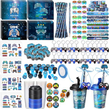 Watersay 110 Pcs Video Game Party Favors Set Includes Drink Cup with Lid Game Card Pencil Sharpener Eraser Stickers Slap Bracelet Keychain Stamp Sticker Ribbon for Gamer Birthday Level Party