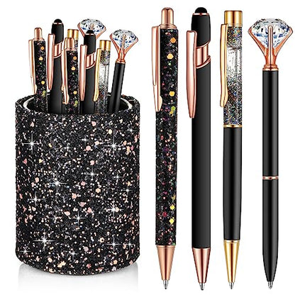 Sabary 8 Pcs Black Pens with Pen Holder for Desk Glitter Crystal Diamond Cute Ballpoint Fancy Pencil Holder Bling Desk Organizer for Women Girls School Office Supplies Wedding Graduation Gifts - color: Black