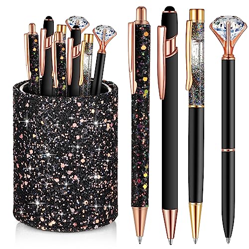 Sabary 8 Pcs Black Pens with Pen Holder for Desk Glitter Crystal Diamond Cute Ballpoint Fancy Pencil Holder Bling Desk Organizer for Women Girls School Office Supplies Wedding Graduation Gifts - color: Black