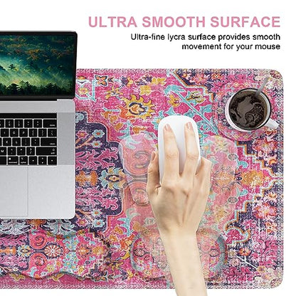 iLeadon Desk Mat Set, Mouse Pad with Wrist Rest + Keyboard Wrist Rest + Large Mouse Pad + Coaster, 4in1 Rug Large Gaming Mouse Pad Set for Home Office, Boho Retro Art - color: Boho Retro Art