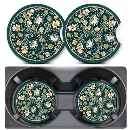 2 Pack Floral Car Coasters for Cup Holders,Neoprene Anti Slip Mat | 2.75" Universal Size,Auto Rubber Drink Coasters Decor Car Accessories Interior Floral Gifts for Women Men - color: Little Flower - Green