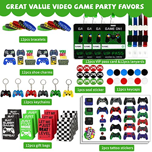 Bluegogo 146 Pcs Video Game Party Favors: VIP Passes Keychains Tattoo Stickers Shoe Charms Button Caps Bags for Gaming Party Favors - style: Game Favors