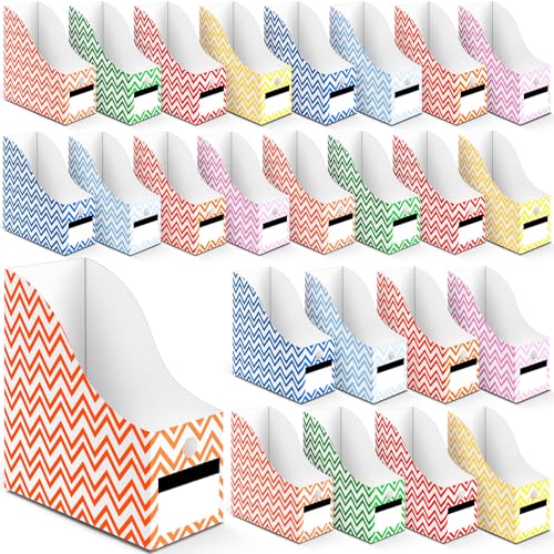 Jutom 32 Pcs Magazine File Holder Set Including Colored Foldable Desk File Holder Organizer White Label Stickers Cat Pen Cardboard Magazine Storage Box for Document School Office(Solid,Striped) - style: Striped