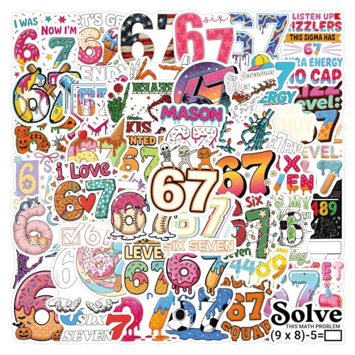 Cool Six Seven Number Stickers, 60PCS Funny Meme 6 7 Number Decorations Trending Social Media Stickers for Christmas Gift Present Birthday Party Laptop Luggage Bottles Phone Case DIY Craft Decal - color: Number67