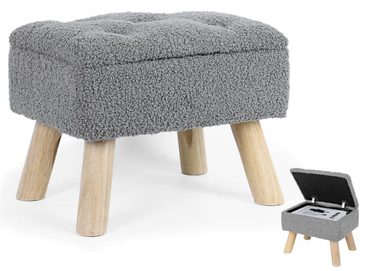 OGEMXU Storage Ottoman, Small Storage Ottoman Foot Stool with Wood Legs, Teddy Velvet Rectangular Foot Rest for Chair, Soft Sponge White Footstool for Living Room, Couch, Bedroom, Dorm (Grizzly) - color: Grizzly