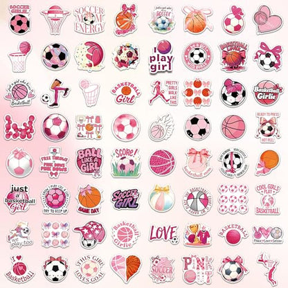 DETICKERS Pink Sports Stickers for Girls Kids Water Bottles 100 PCS Waterproof Vinyl Coquette Stickers Gifts for Teen Girls - style: Pink Soccer & Basketball