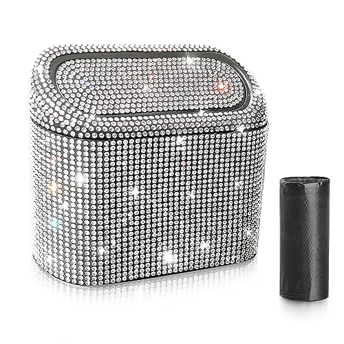 Accmor Bling Car Trash Can with 30pcs Garbage Bags, Vehicle Trash Bin with Lid Auto Dustbin Organizer Garbage Storage, Sparkling Crystal Mini Trash Container Holder - color: Black/White Rhinestone