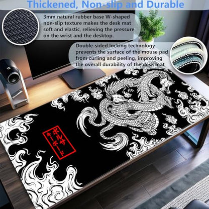 Japanese Dragon Desk Mat, Black White Large Gaming Mouse Pad 31.5x15.7 in | Stunning high contrast ink dragon desk pad providing elite tracking accuracy, plush support, and anti-fray borders. - color: Dragon