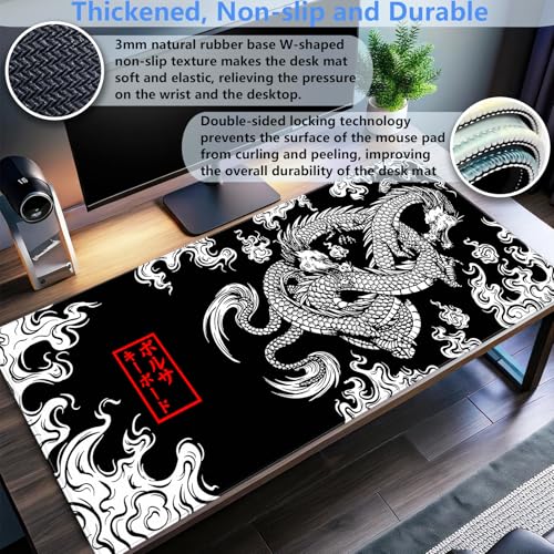 Japanese Dragon Desk Mat, Black White Large Gaming Mouse Pad 31.5x15.7 in | Stunning high contrast ink dragon desk pad providing elite tracking accuracy, plush support, and anti-fray borders. - color: Dragon