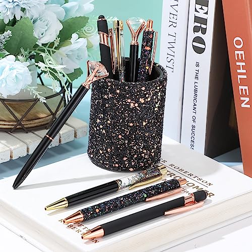 Sabary 8 Pcs Black Pens with Pen Holder for Desk Glitter Crystal Diamond Cute Ballpoint Fancy Pencil Holder Bling Desk Organizer for Women Girls School Office Supplies Wedding Graduation Gifts - color: Black