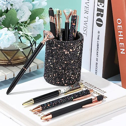 Sabary 8 Pcs Black Pens with Pen Holder for Desk Glitter Crystal Diamond Cute Ballpoint Fancy Pencil Holder Bling Desk Organizer for Women Girls School Office Supplies Wedding Graduation Gifts - color: Black