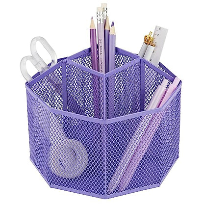 Annova Mesh Desk Organizer Rotate with 5 Compartments Spinning Tidy Candy/Pen Holder Office, Art Supply, Storage, Classroom, Home (Purple) - color: Purple