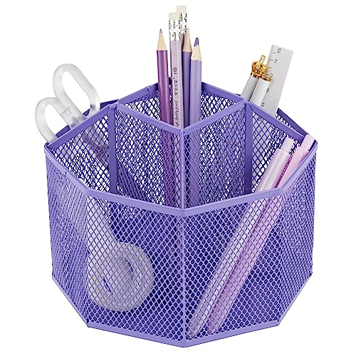 Annova Mesh Desk Organizer Rotate with 5 Compartments Spinning Tidy Candy/Pen Holder Office, Art Supply, Storage, Classroom, Home (Purple) - color: Purple