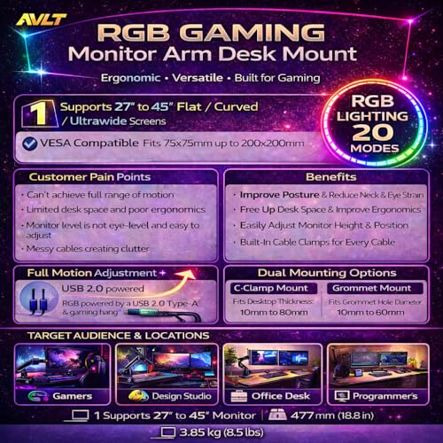 AVLT Single 27”-45” RGB Gaming Monitor Arm Desk Mount Built-in 20 Lighting Modes Touch Button Control Fits Flat/Curved/Ultrawide Screens Height Swivel Tilt Rotation Adjustable Stand -Dark Gray - color: Dark Gray - Single
