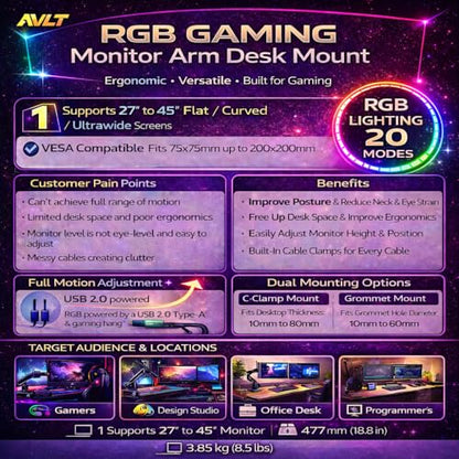 AVLT Single 27”-45” RGB Gaming Monitor Arm Desk Mount Built-in 20 Lighting Modes Touch Button Control Fits Flat/Curved/Ultrawide Screens Height Swivel Tilt Rotation Adjustable Stand -Dark Gray - color: Dark Gray - Single
