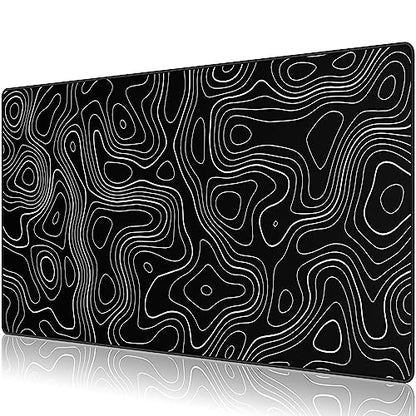 Large Gmaing Mouse Pad with Stitched Edges, Superior Micro-Weave Cloth, Non-Slip Base, Size 35.4 X 15.7X 0.12inches - Black Topographic Contour - color: Silver