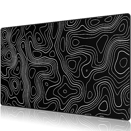 Large Gmaing Mouse Pad with Stitched Edges, Superior Micro-Weave Cloth, Non-Slip Base, Size 35.4 X 15.7X 0.12inches - Black Topographic Contour - color: Silver