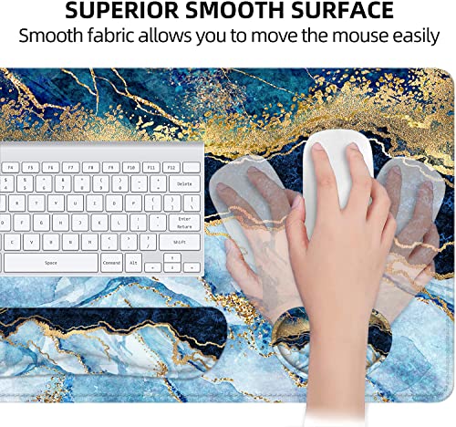 LATEEFAH Large Mouse Pad and Keyboard Wrist Rest, Desk Pad for Keyboard and Mouse, Extended Gaming Mouse Pad with Wrist Support, Waterproof Non-Slip Desk Mouse Mat for Office, Home - color: 4Pcs-Blue & White Marble