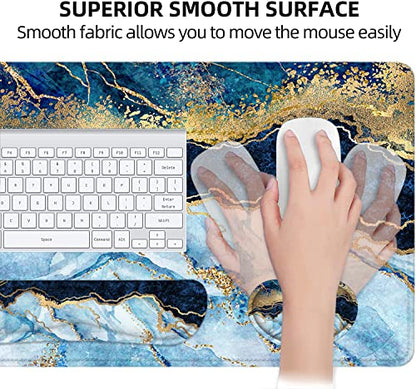 LATEEFAH Large Mouse Pad and Keyboard Wrist Rest, Desk Pad for Keyboard and Mouse, Extended Gaming Mouse Pad with Wrist Support, Waterproof Non-Slip Desk Mouse Mat for Office, Home - color: 4Pcs-Blue & White Marble